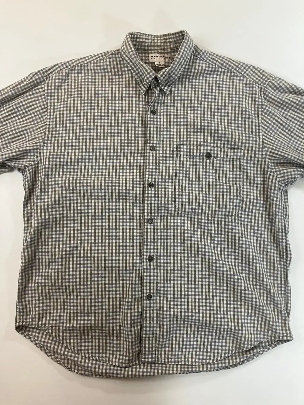 Re-Union Menswear Men’s L Plaid Button Up Shirt 100% Cotton Made Hong Kong